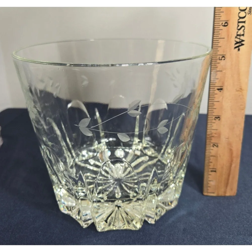 1980's Princess House Heritage Etched Crystal Glass Ice Bucket w/Spork Tongs